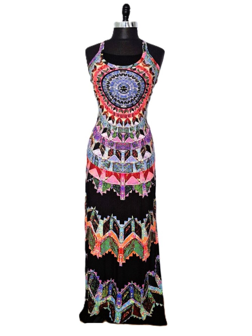 Vibrant Mesh Stretchy Sz M Column Maxi Dress Tribal Mandala Kaleidoscope Boho